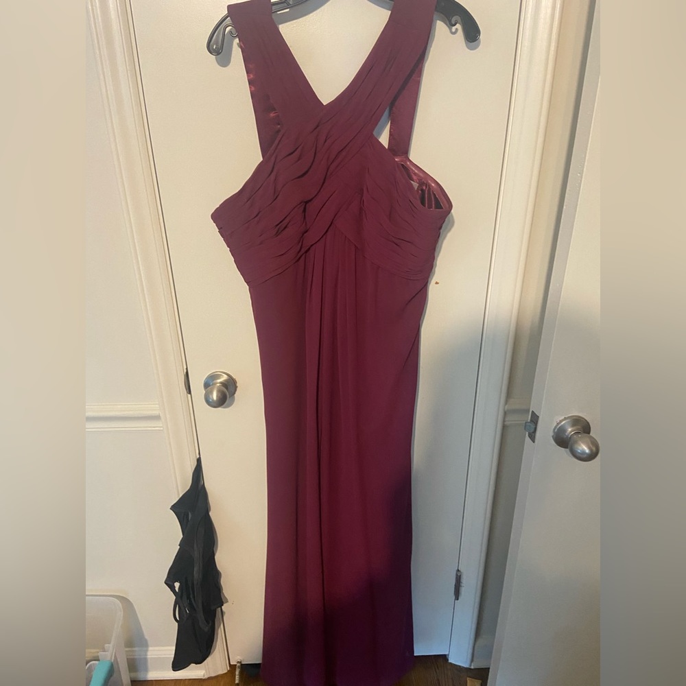 Monique Lhullier long chiffon cross neck gown in Bordeaux